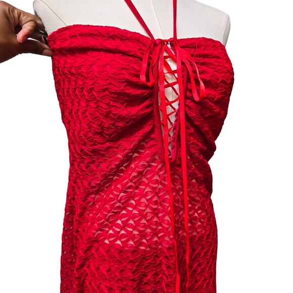 Studio F Vtg 90s Y2K Fairy Whimsigoth Sheer Lace Handkerchief Hem Red Dress XL - Picture 6 of 10